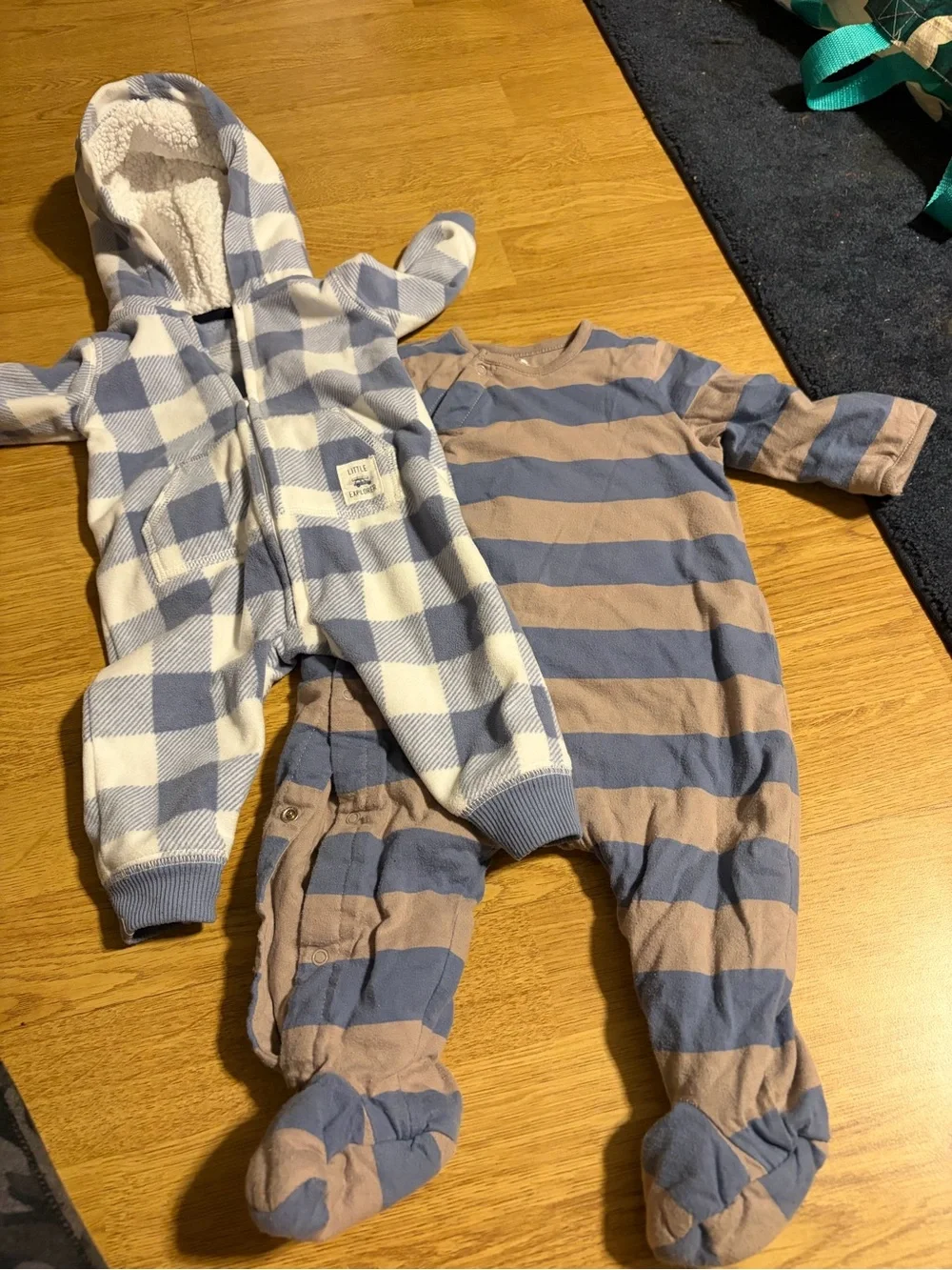 GAP Blue and Tan Striped quilted Baby Footed One-Piece Set & Fleece lined plaid
